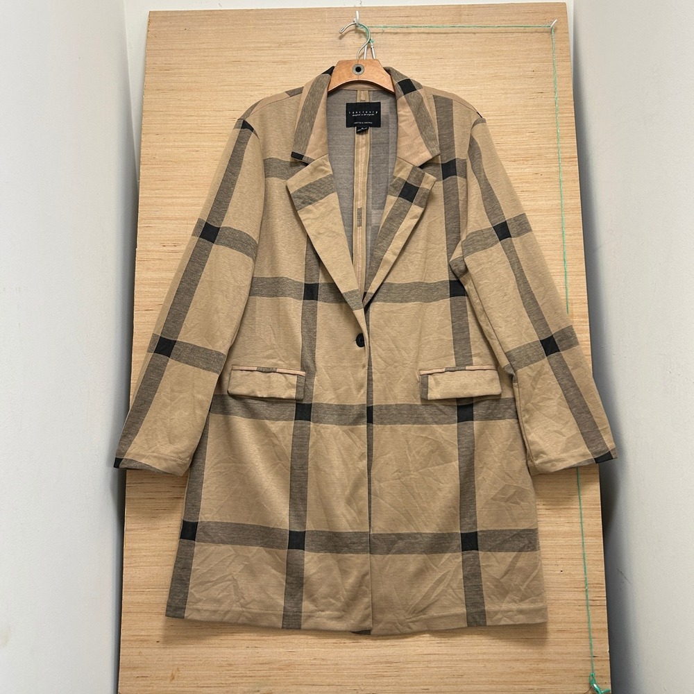 Sanctuary Womens XL Plaid Longline Blazer Coat Tan Black Single Button Career